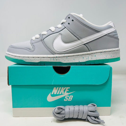 Nike SB Dunk Low Marty McFly sneakers with grey laces on teal Nike SB box, brand new condition.