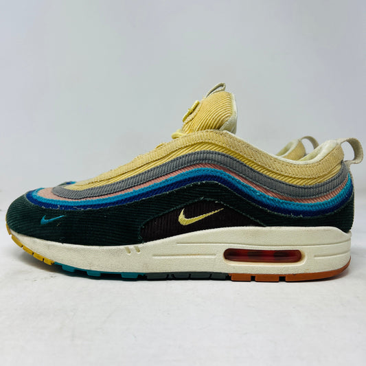 The 2018 Nike Air Max 1/97 Sean Wotherspoon features a multicolored wavy pattern in yellow, blue, green, and pink. It includes a white midsole, an air bubble heel, textured upper with a small side swoosh, and comes with extra laces for added style.