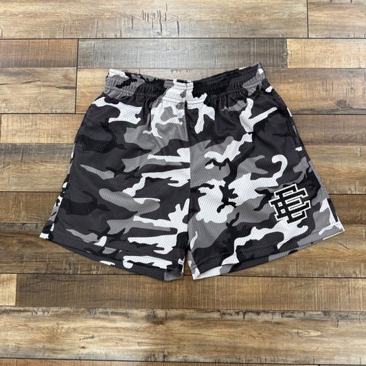 Eric Emanuel EE Basic Short in White/Black Camo, size XL, brand new condition on wooden floor.