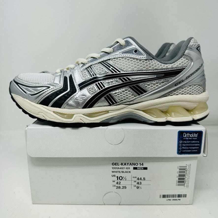 ASICS Gel-Kayano 14 JJJJound Silver Black sneaker, size 10.5M, 2022 model, clean condition displayed on box.