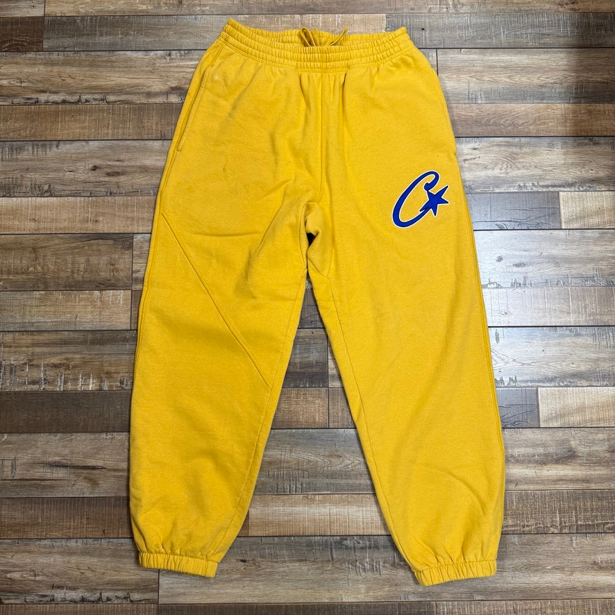 Corteiz Satin C Star Appliqué Bottoms in Mustard, preowned.