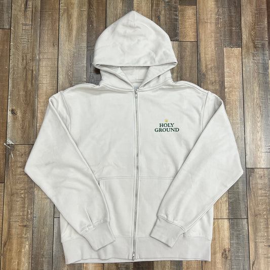 Holy Ground Holex Zip Up Jacket on wooden floor.