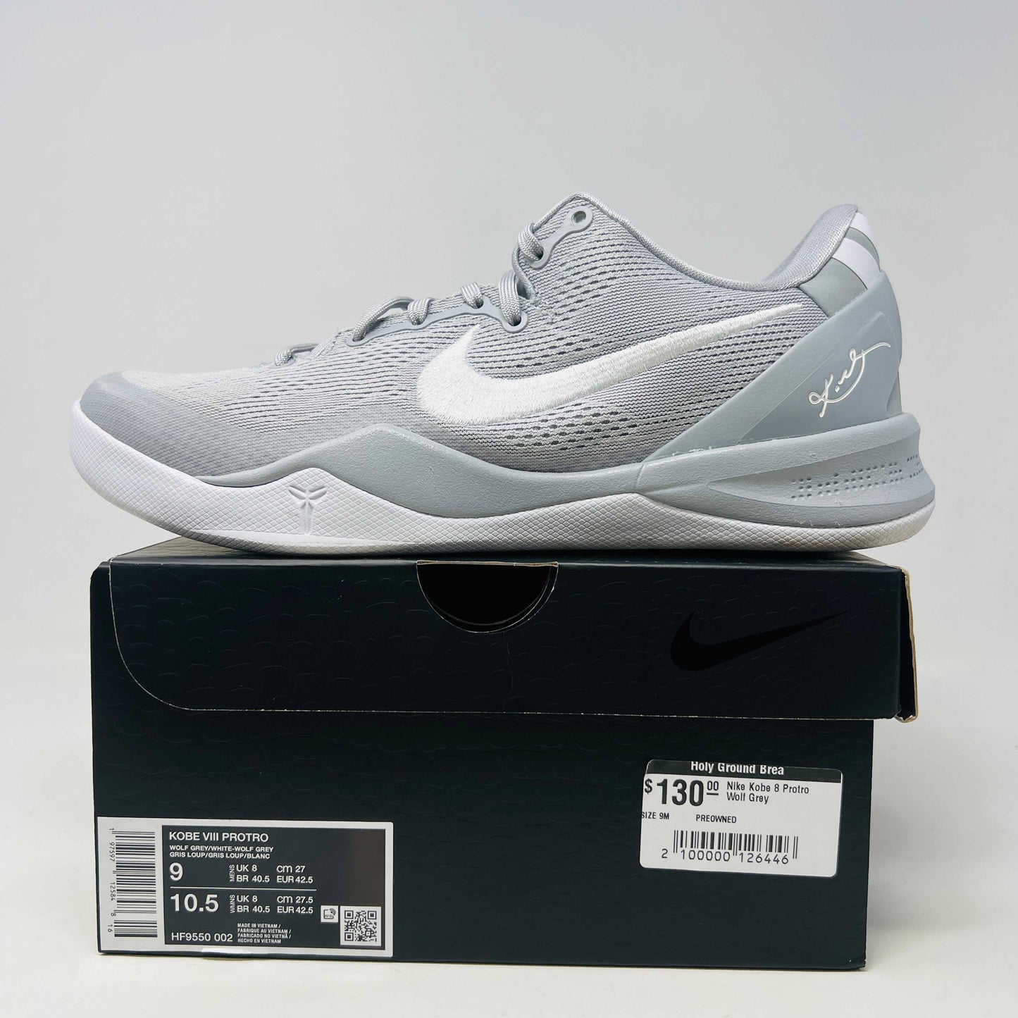 Nike Kobe 8 Protro Wolf Grey sneakers on display with box, condition 8.5/10.