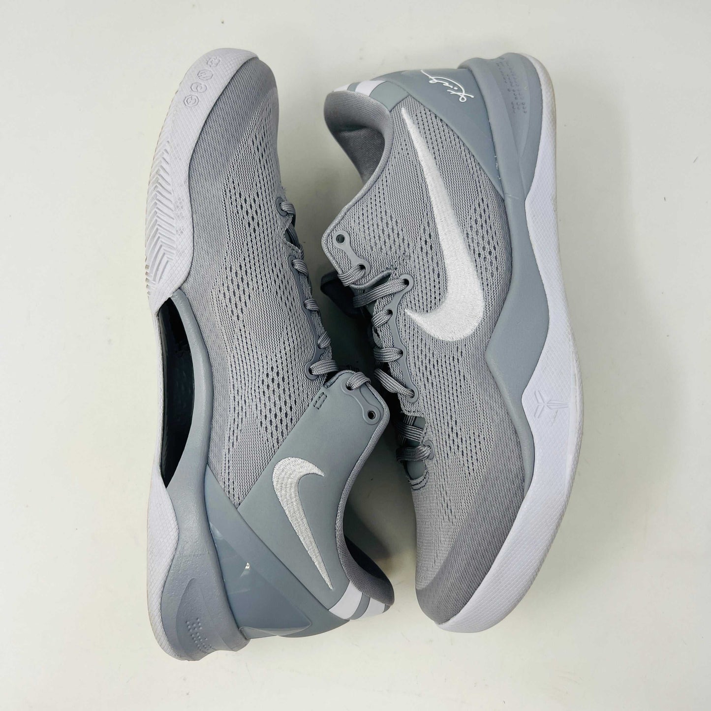Nike Kobe 8 Protro Wolf Grey sneakers on box, 8.5/10 condition, light wear, 2024 release.