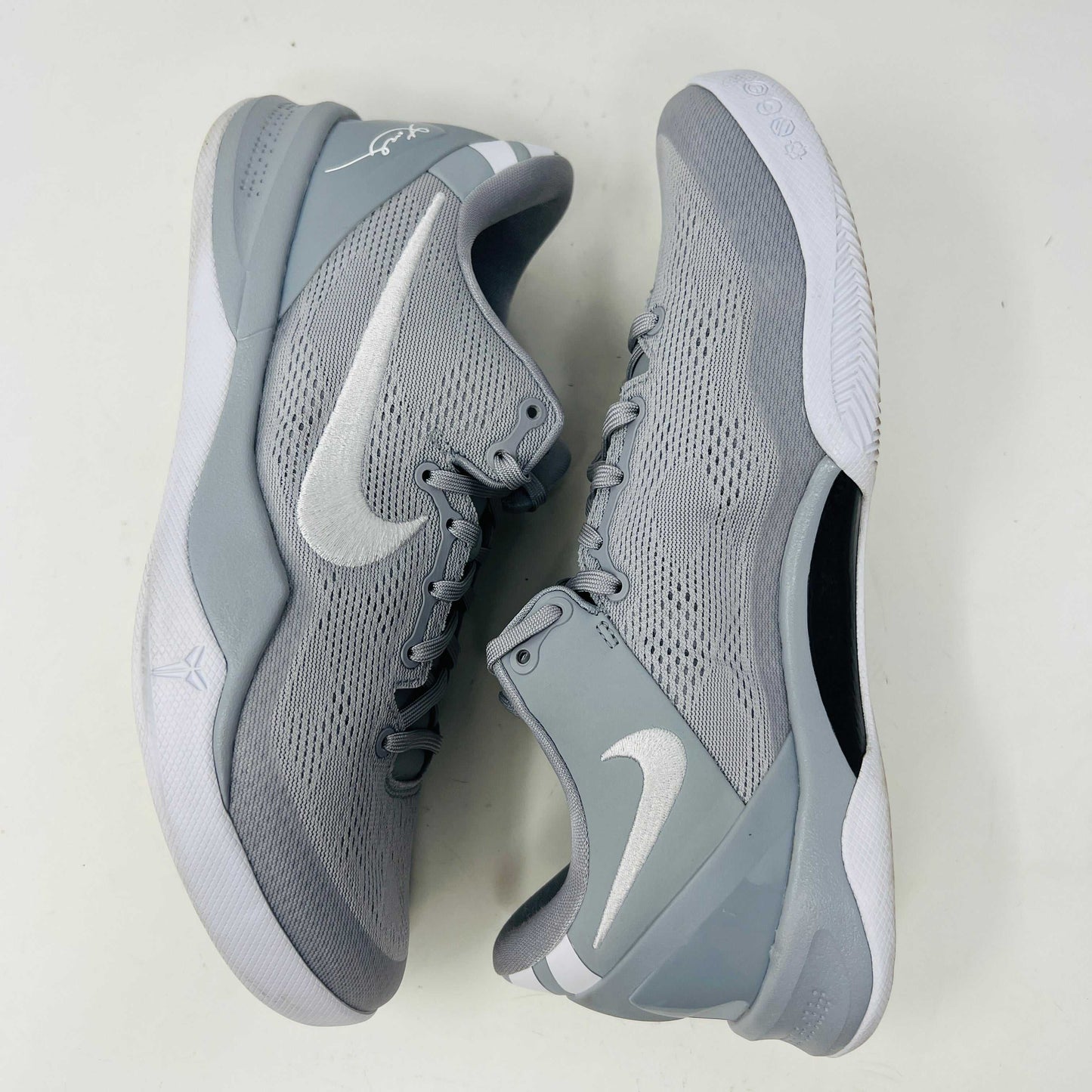 Nike Kobe 8 Protro Wolf Grey sneakers on box, 8.5/10 condition, light wear, 2024 release.