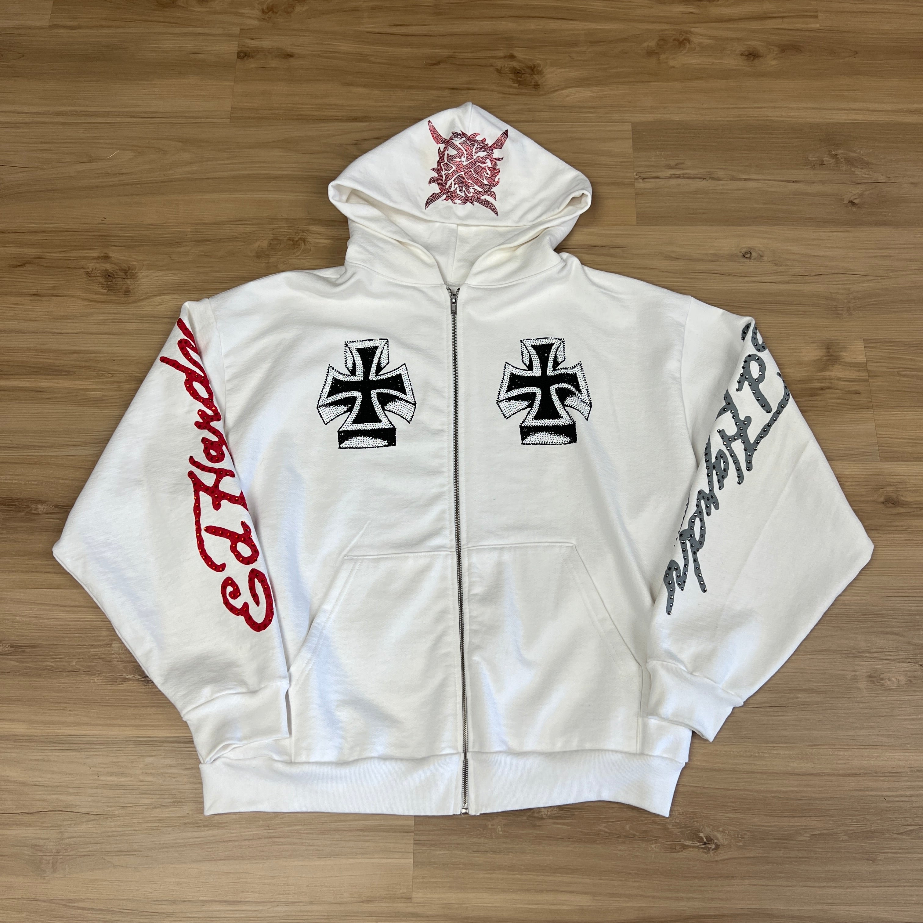 Ed Hardy x Ken Carson White Rhinestone Zip Up Hoodie – Holy Ground