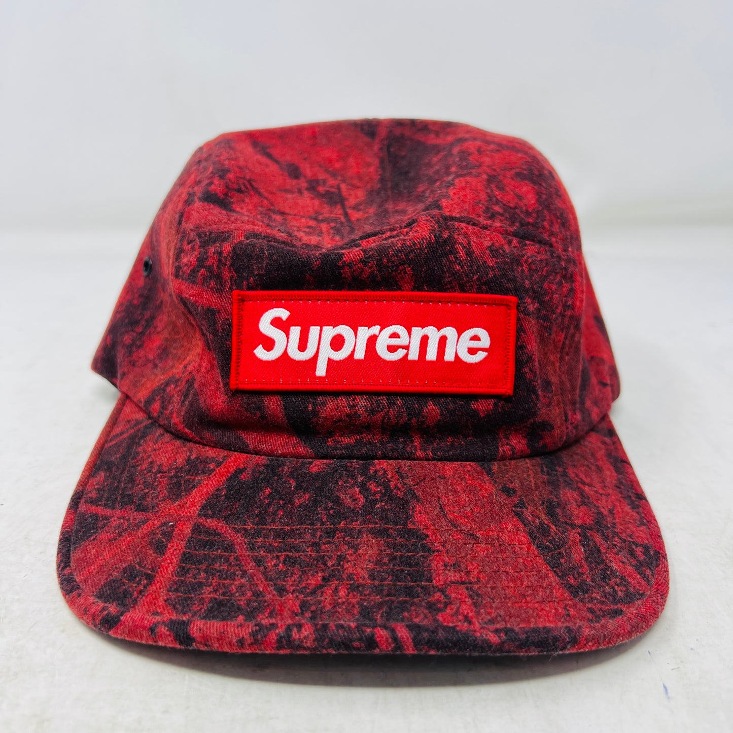Supreme Flames Jacquard Denim Camp Cap Washed Red