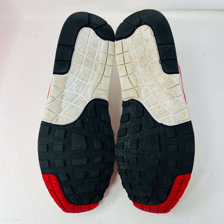 Nike Air Max 1 Anniversary Red sneakers in white and red, 2018 restock, 8.5/10 condition, on original box.