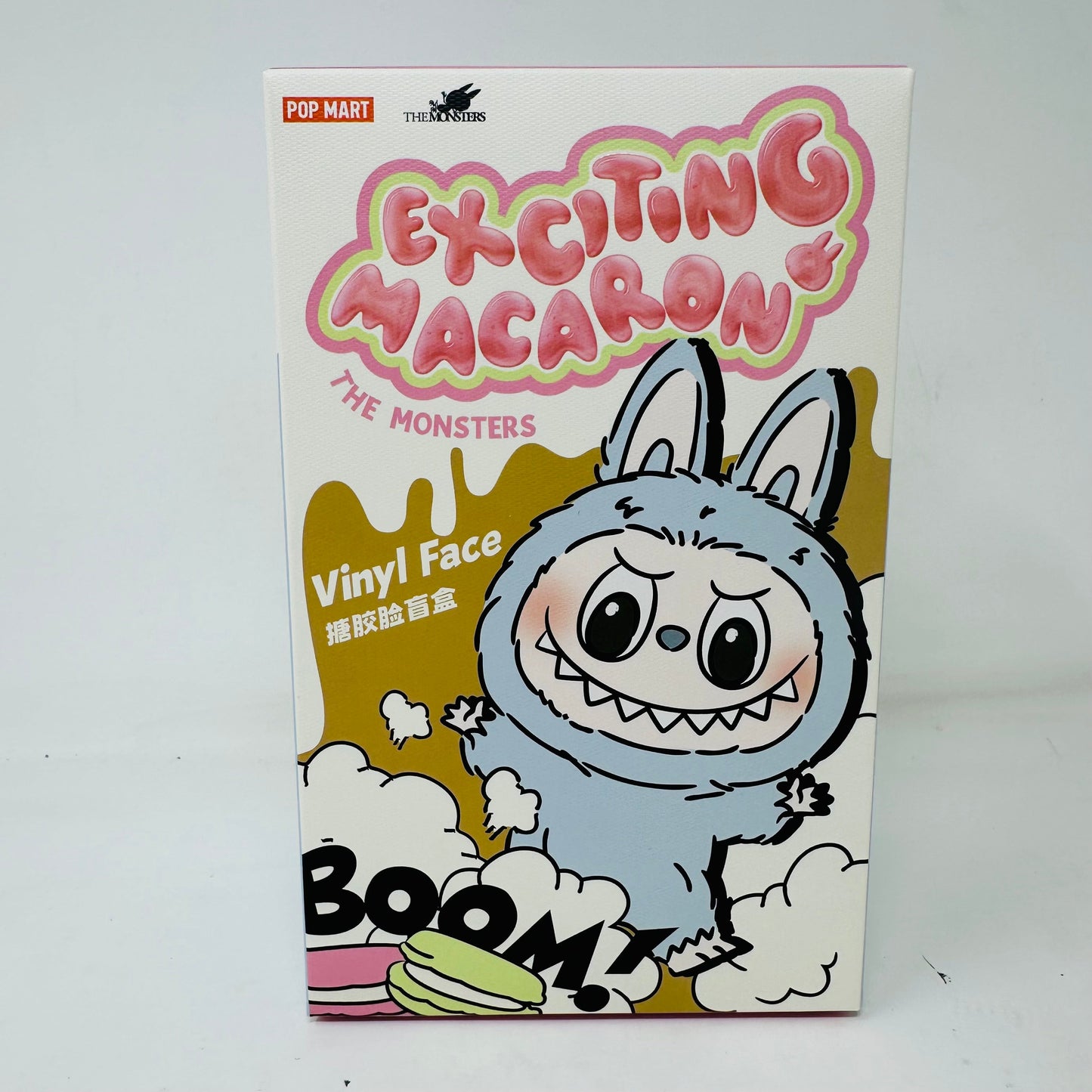 Pop Mart Exciting Macaron Labubu blind box packaging featuring a cartoon monster design.