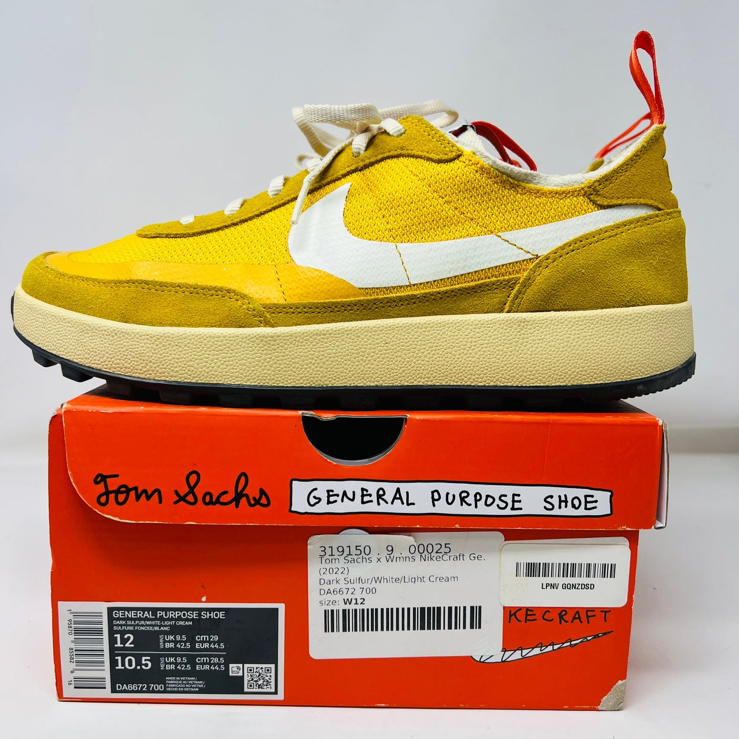 NikeCraft General Purpose Shoe Tom Sachs Dark Sulfur on box, 2022 model.