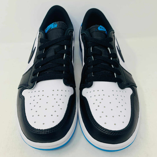 Jordan 1 Low OG Powder Blue sneakers with black and white design, extra blue laces, 2022 release.
