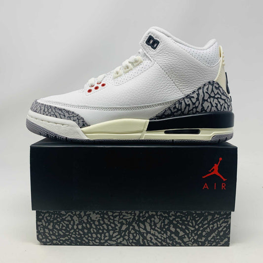 Jordan 3 White Cement Reimagined GS sneaker on box, brand new condition, 2023 model.