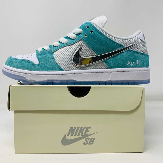 Nike SB Dunk Low April Skateboards 2023 in turquoise and white, brand new with extra white laces.