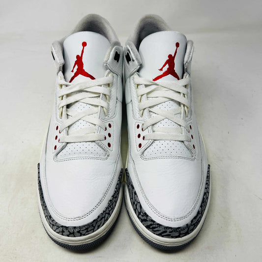 Jordan 3 Retro White Cement Reimagined sneaker on Nike box, 2023 release.