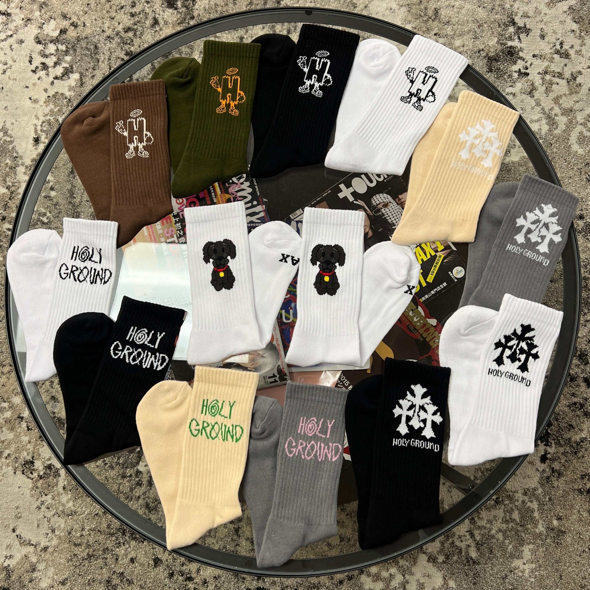 Assorted Holy Ground Socks on display in various colors and designs.