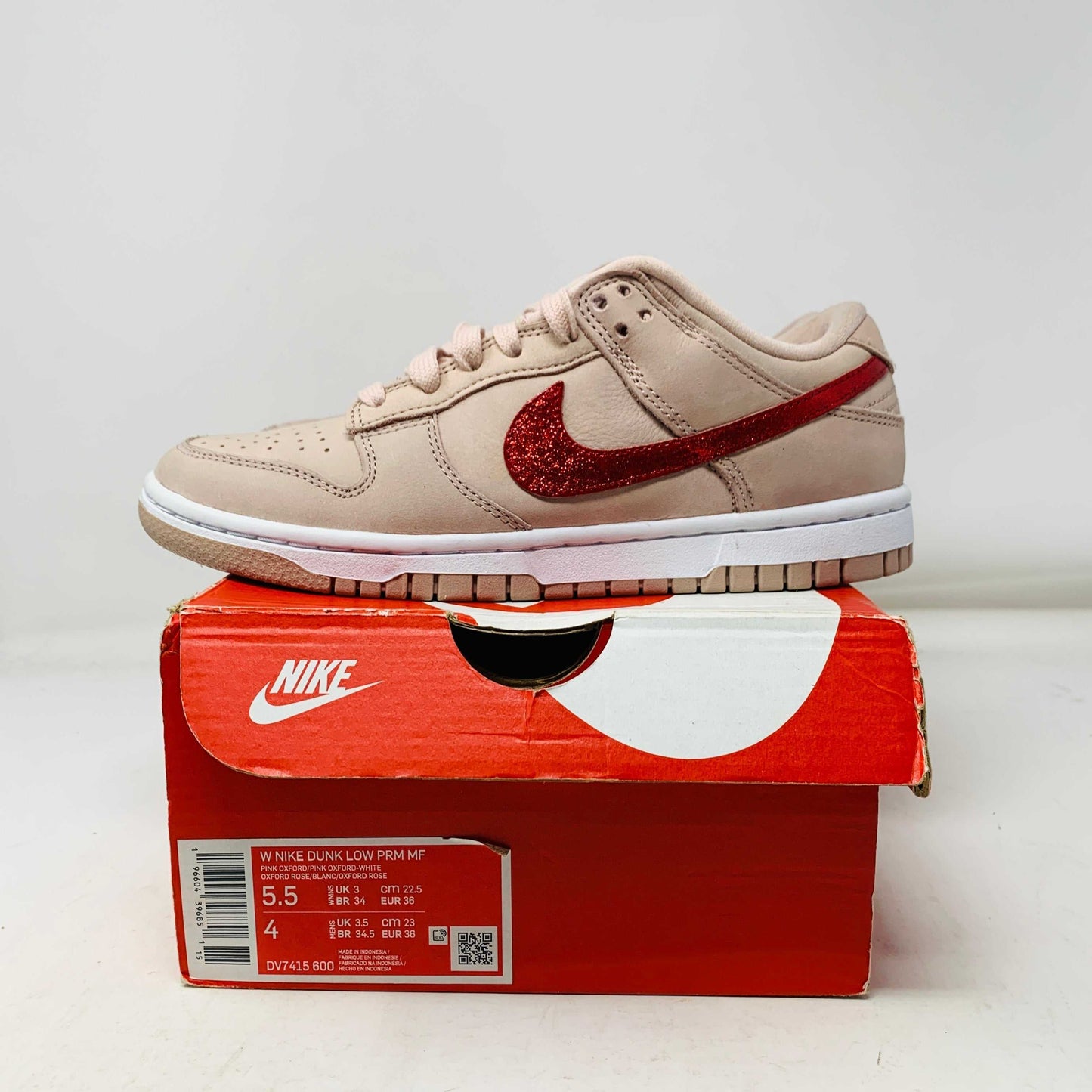 Nike Dunk Low PRM Pink Oxford women's sneakers, Valentine's Day custom, size 5.5W, condition brand new, displayed on box.