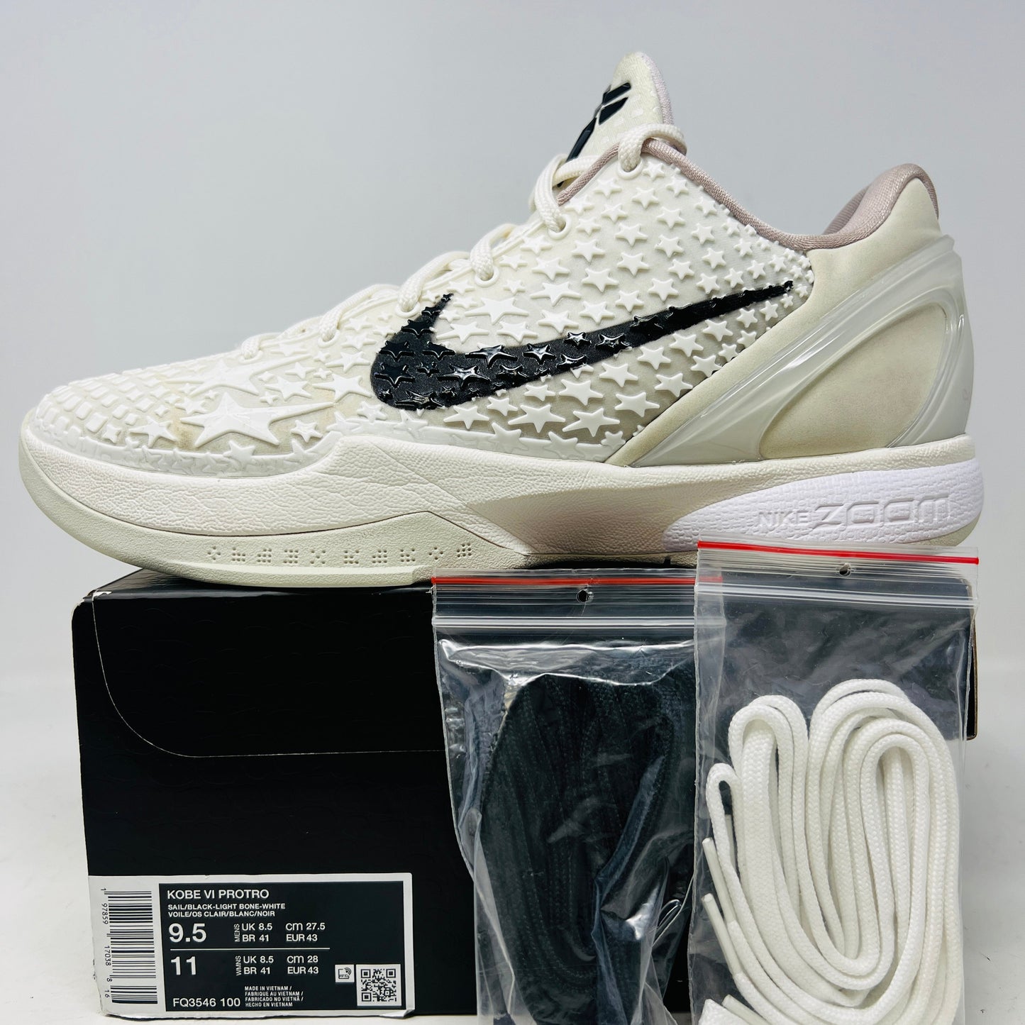 Nike Kobe 6 Protro Sail All-Star sneakers with extra laces, good box condition, 2025 edition.
