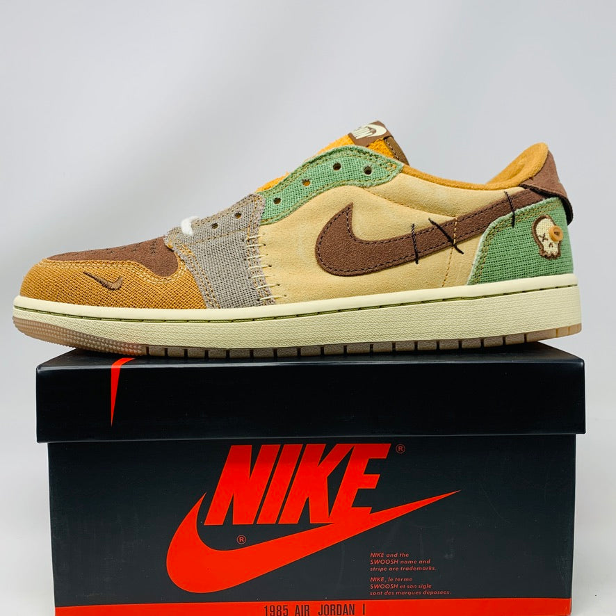 The Jordan 1 Low Zion Williamson Voodoo sneaker by Jordan features a multicolored design with earthy brown, green, and orange tones, grey rope laces, a mix of materials, and a small skull detail near the heel. It comes in a black Nike shoebox.