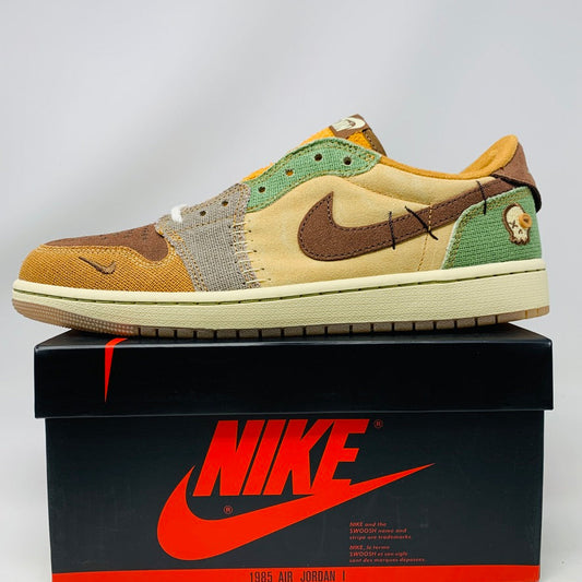 The Jordan 1 Low Zion Williamson Voodoo sneaker by Jordan features a multicolored design with earthy brown, green, and orange tones, grey rope laces, a mix of materials, and a small skull detail near the heel. It comes in a black Nike shoebox.
