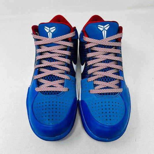 The Nike Kobe 4 Protro Philly (2024), a blue basketball shoe with red and white accents, is displayed on a black shoebox. This authentic piece features a white swoosh, red lining, and size 6.5 tag—ideal for collectors hunting lightly worn treasures for the 2024 courts.
