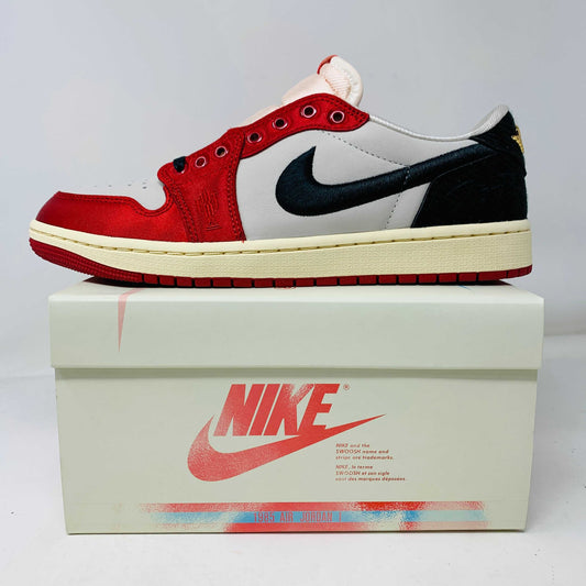 Jordan 1 Retro Low OG Trophy Room Away sneakers with red, black, and white design, new condition, includes white and yellow laces, 2024 model.