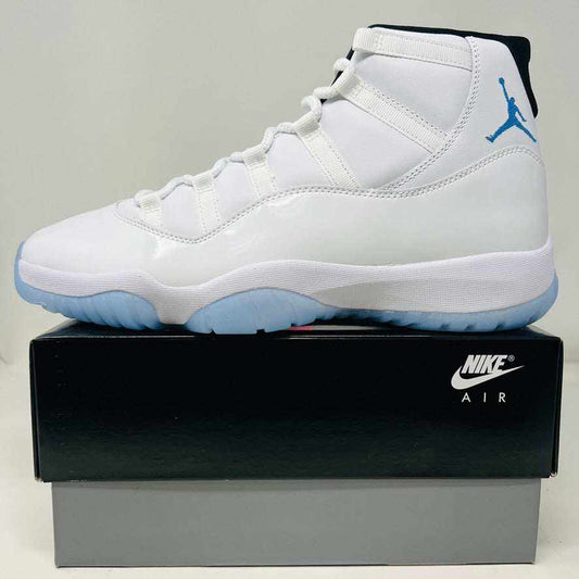 Jordan 11 Retro Legend Blue 2024 sneakers on Nike box, brand new condition.