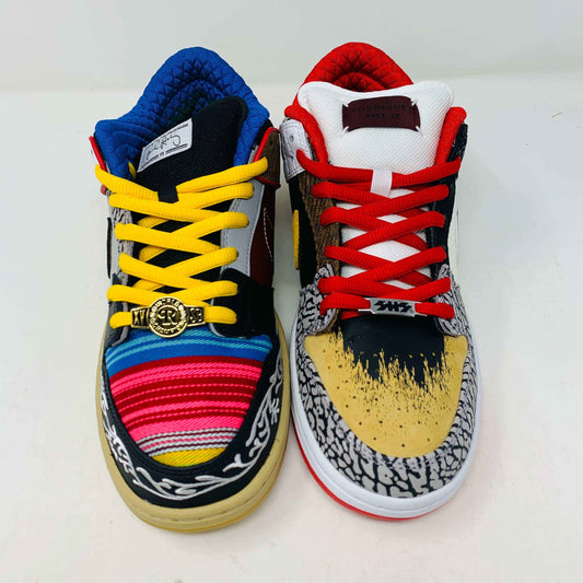 The Nike SB Dunk Low What the Paul is a 2021 authentic sneaker featuring varied textures and patterns like elephant print, a gradient swoosh, red laces, and comes in a colorful green, yellow, and white Nike SB box.