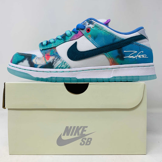 Nike SB Dunk Low Futura Laboratories Bleached Aqua sneakers with box and purple laces, 2024 release.