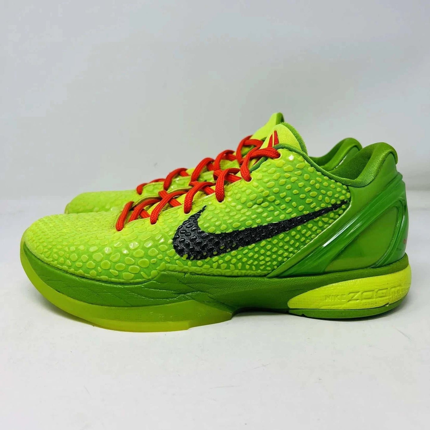 Nike Kobe 6 Protro Grinch 2020 sneakers, vivid green with red laces, midsole chipping, no box.