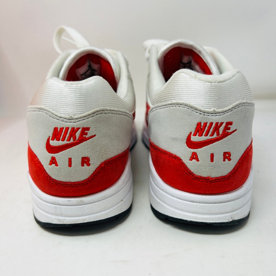 Nike Air Max 1 Anniversary Red sneakers in white and red, 2018 restock, 8.5/10 condition, on original box.