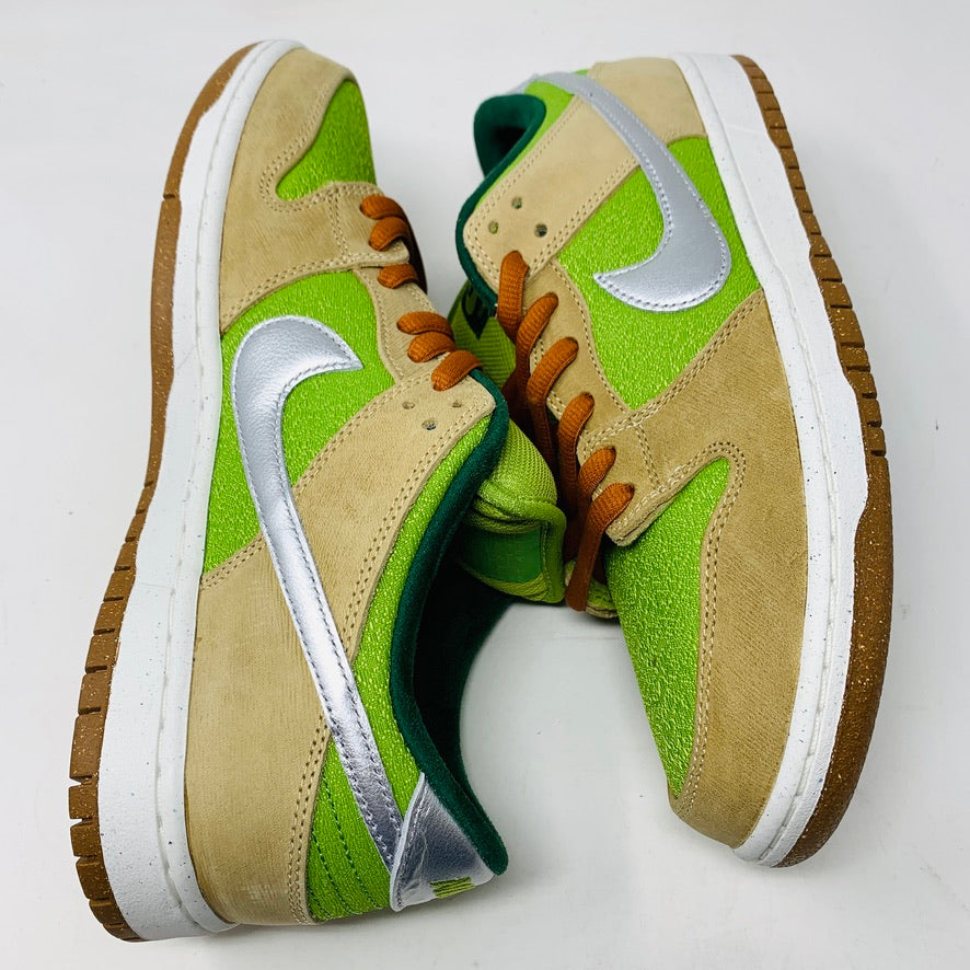 Brand new Nike SB Dunk Low Escargot sneakers, 2024 release, green and brown colorway with silver Swoosh.