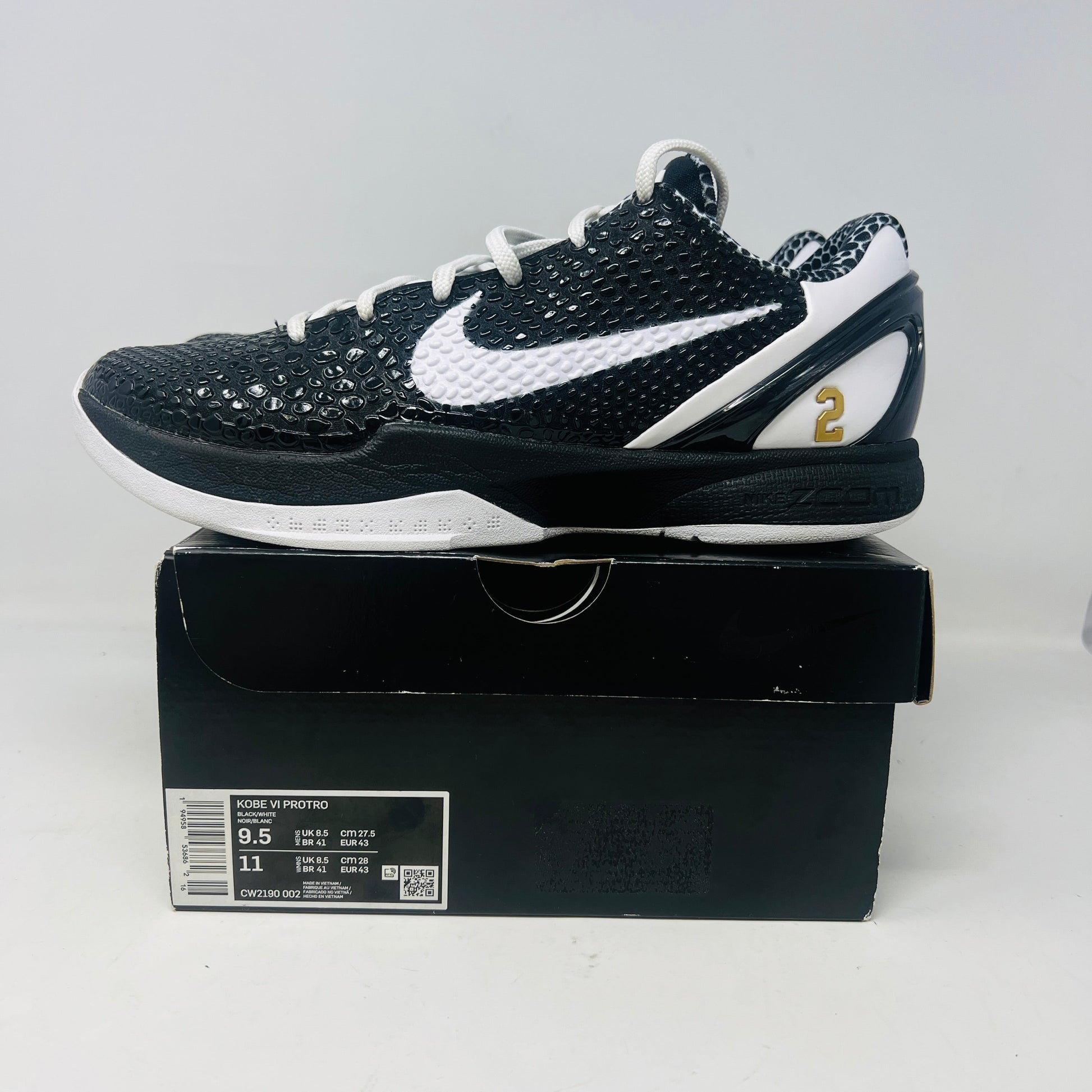 Nike Kobe 6 Protro Mambacita Sweet 16 sneaker on box with black and white design.