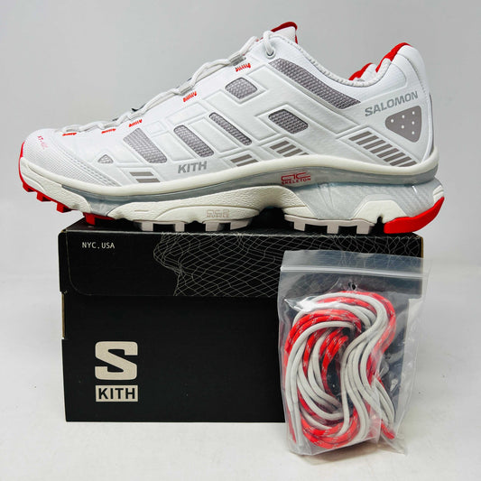 Salomon XT-4K Kith Kithmas White Red sneakers with extra laces on box.