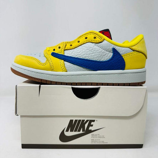 Jordan 1 Retro Low OG Travis Scott Canary PS on Nike box, 2024 release.