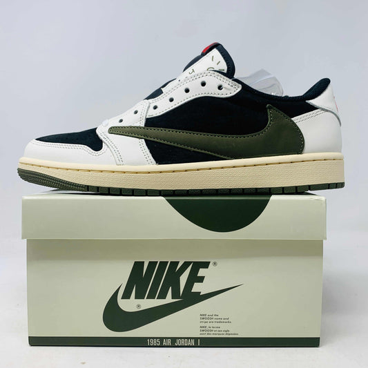 Jordan 1 Retro Low OG SP Travis Scott Olive sneaker with Nike box.