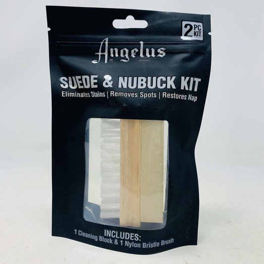 Angelus Nubuck & Suede Kit with eraser and nylon brush for cleaning suede and nubuck.