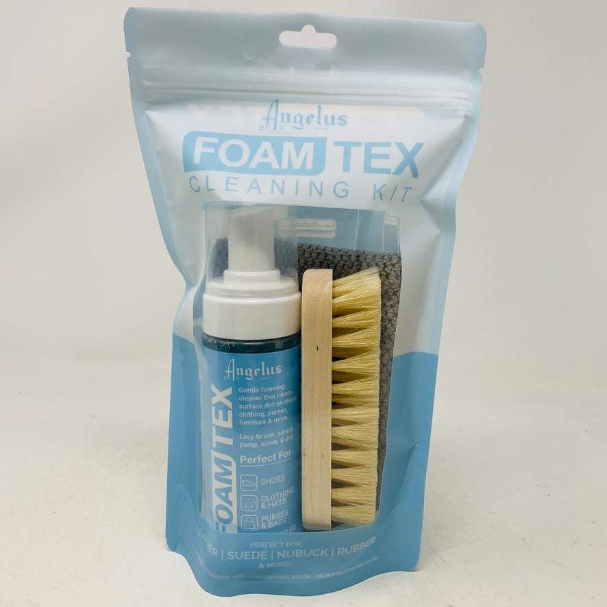 Angelus Foam-Tex Cleaning Kit with foaming cleaner, brush, and microfiber towel for sneakers.