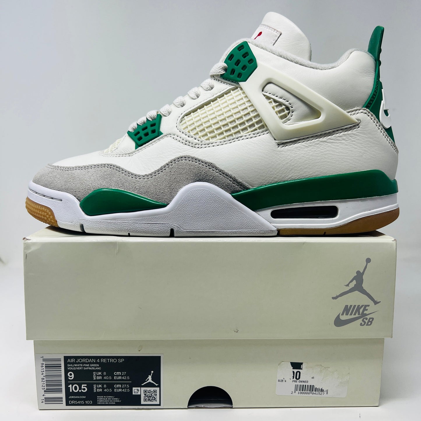 Jordan 4 Retro SB Pine Green sneakers with clean uppers and general wear, 2023 edition.