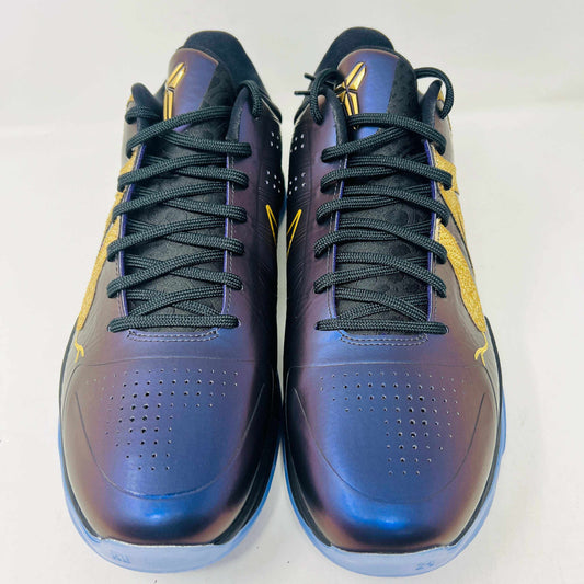 The Nike Kobe 5 Protro Year of the Mamba Eggplant sneakers offer a stylish design with purple and gold colors, black laces, and an authentic tongue logo. They feature perforated side panels, a shiny finish, and include a dust bag for easy storage.
