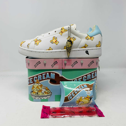Wmns Flavor Ice Cream Low Teddy Bears sneakers with teddy bear and ice cream graphics on white, displayed with original box and accessories.