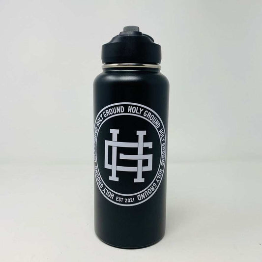 Holy Ground Water Bottle with logo design on black finish.