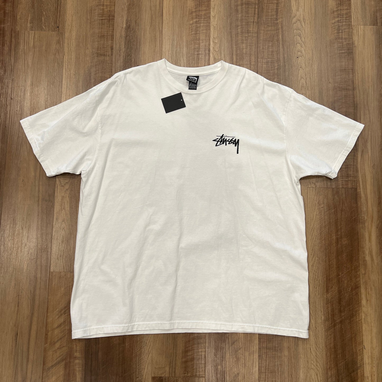 STUSSY CHERRIES TEE WHITE, XL, brand new condition, laid on wooden floor