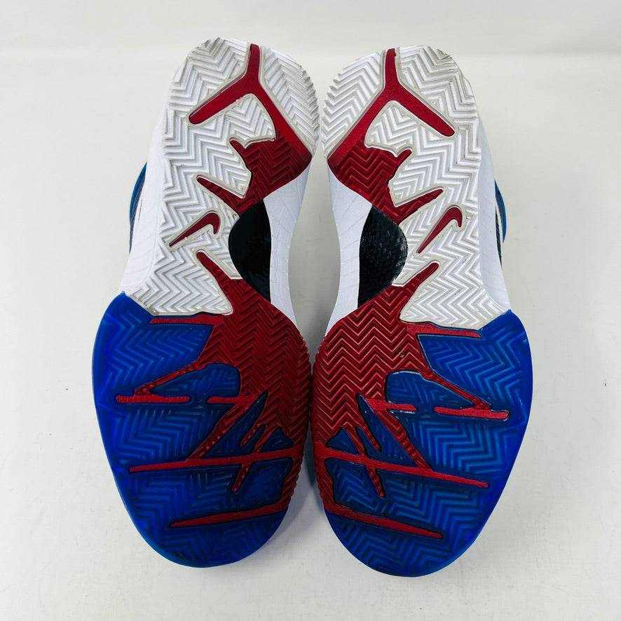 The Nike Kobe 4 Protro Philly (2024), a blue basketball shoe with red and white accents, is displayed on a black shoebox. This authentic piece features a white swoosh, red lining, and size 6.5 tag—ideal for collectors hunting lightly worn treasures for the 2024 courts.