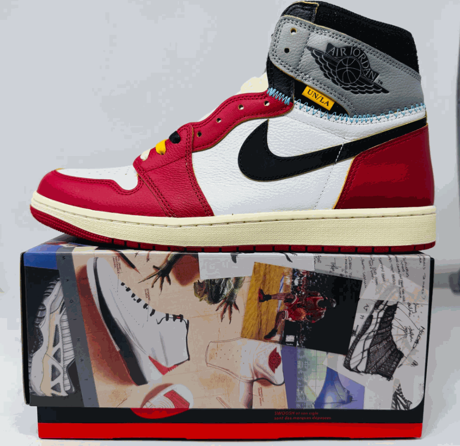 Union LA x Air Jordan 1 Chicago sneaker with vintage red, white, and black colorway and yellowed midsoles