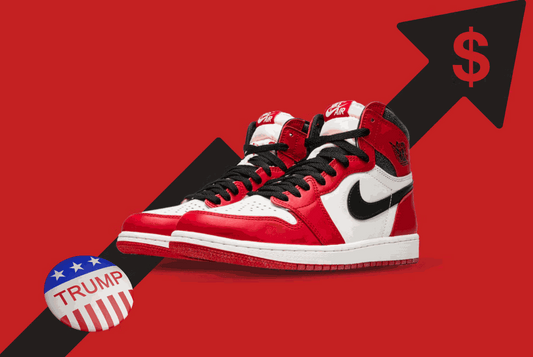 Red and white Nike Air Jordan sneakers with upward arrow and dollar sign symbolizing tariffs driving up sneaker prices in 2025