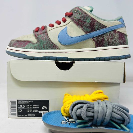 Nike Dunk Low SB sneakers with blue swoosh on box with extra yellow and grey shoelaces ready to sell