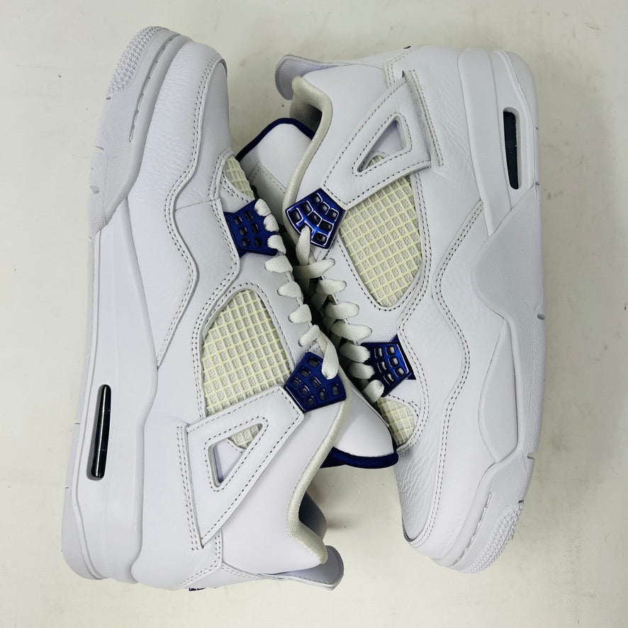 The Jordan 4 Retro Metallic Purple sneaker features white material with blue mesh accents, a visible air cushion in the heel, textured sole, angular overlays, and a padded collar. Note: no box included.