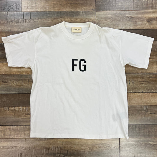 Fear of God FG logo T-shirt in white with black lettering, size S, preowned.
