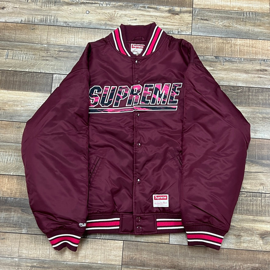 Supreme Mitchell & Ness Camo Logo Varsity Jacket Burgundy