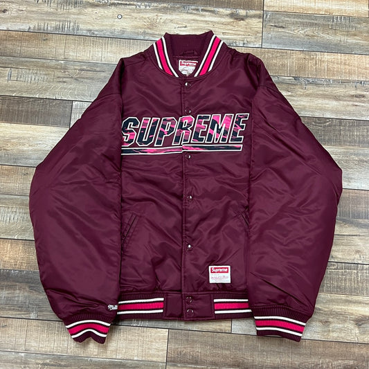 Supreme Mitchell & Ness Camo Logo Varsity Jacket Burgundy